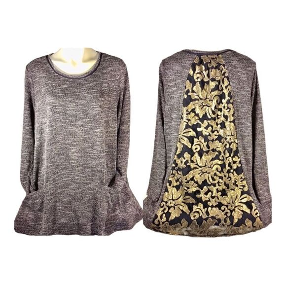 LOGO By Lori Goldstein Navy Blue Sequins Panel Back Tunic  Sweater. Size XS. - Picture 1 of 8